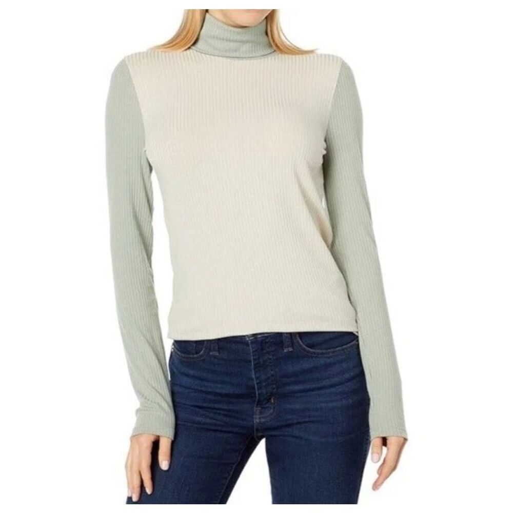Madewell NWT Colorblock Ribbed Turtleneck Long Sleeve Top Beige Sage Green Size